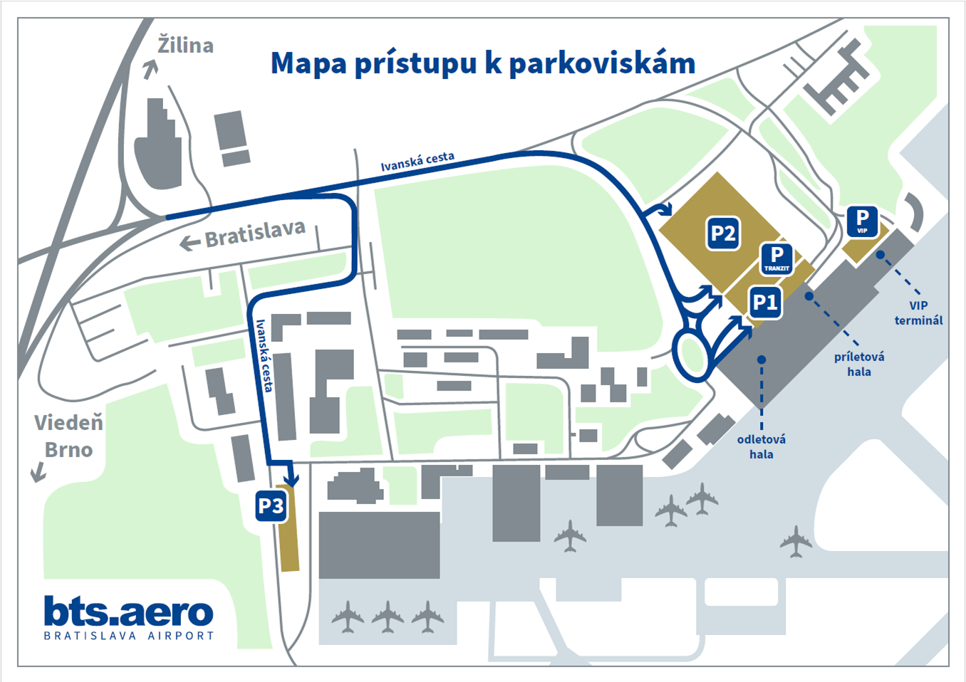 Mapa prístupu k parkoviskám na letisku Bratislava – poloha P1, P TRANZIT, P2, P3 a VIP voči terminálu a príjazdovým cestám